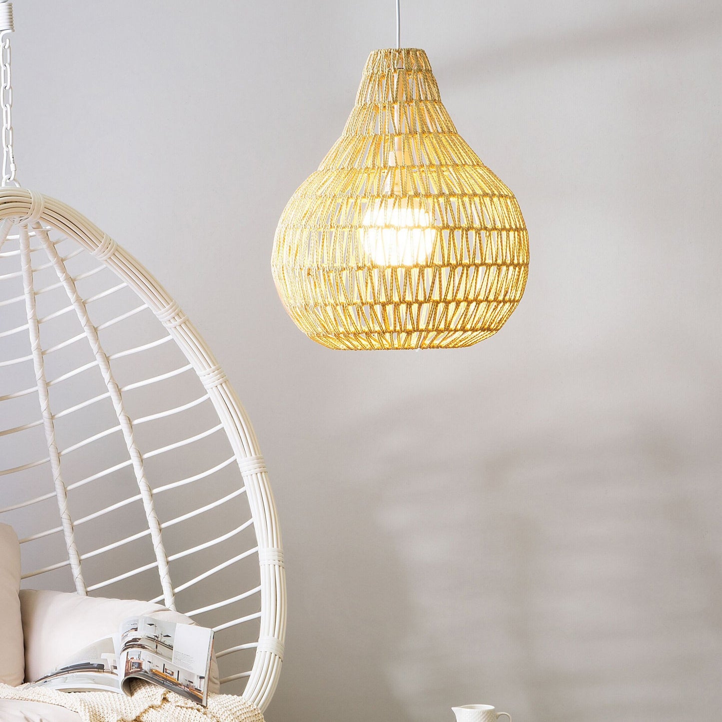 Pendant Ceiling Lamp Beige Paper Rope Plaited Shade Round Natural Fiber