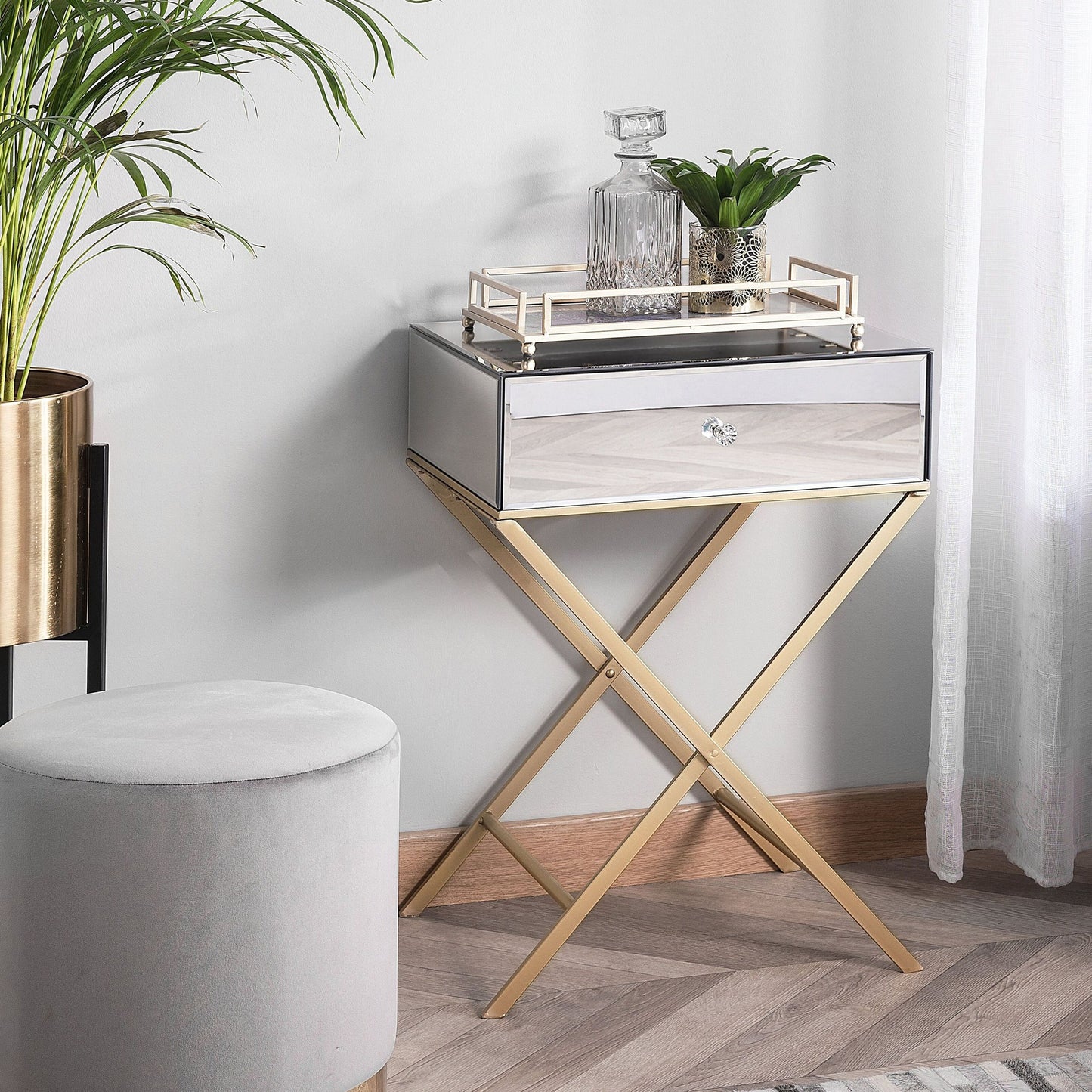 Side Table Silver Mirrored Top Gold Legs 50 x 40cm Drawer