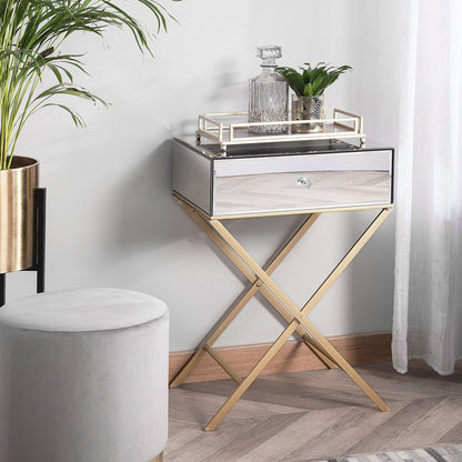 Side Table Silver Mirrored Top Gold Legs 50 x 40cm Drawer