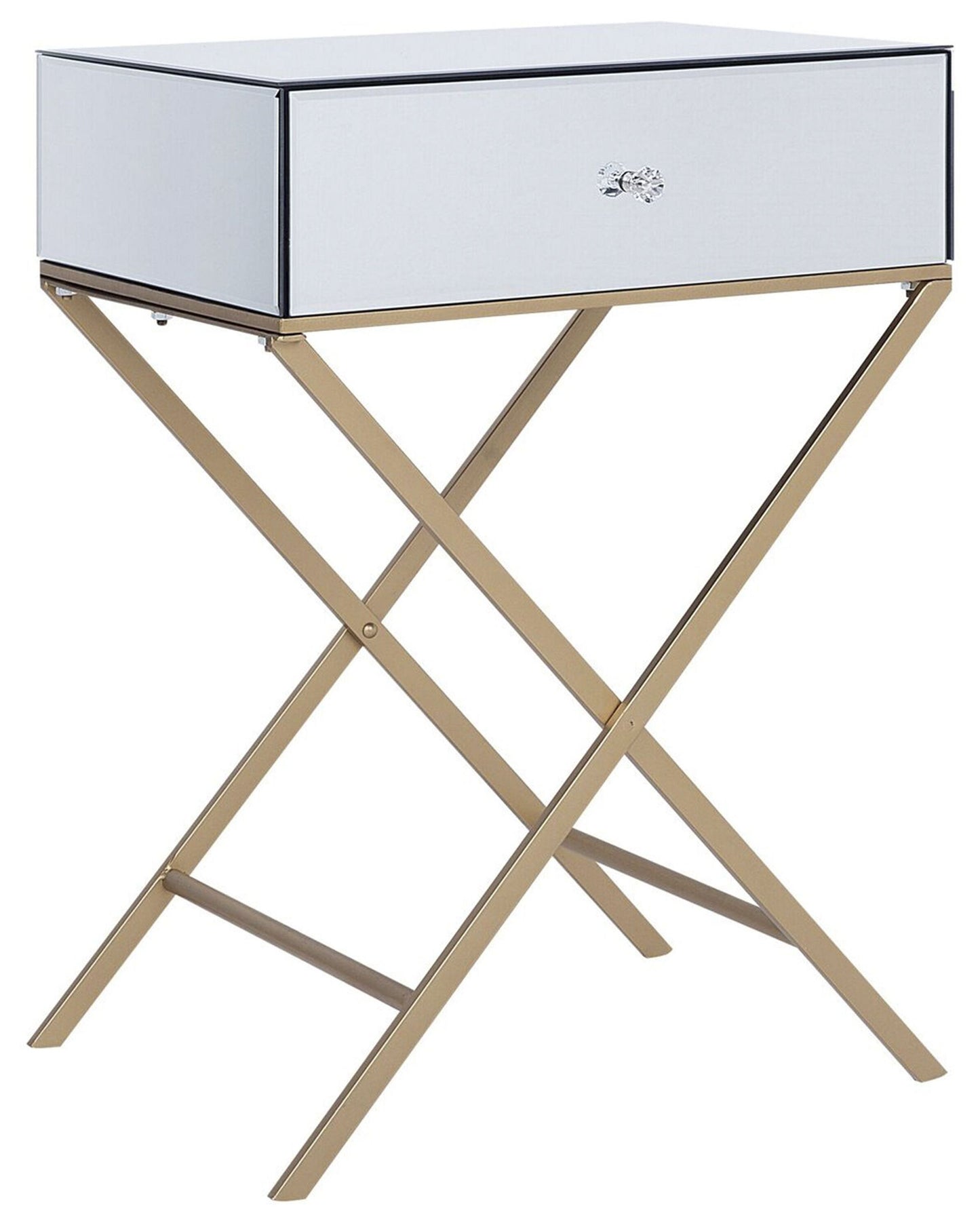 Side Table Silver Mirrored Top Gold Legs 50 x 40cm Drawer
