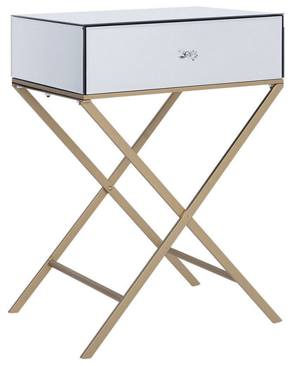 Side Table Silver Mirrored Top Gold Legs 50 x 40cm Drawer