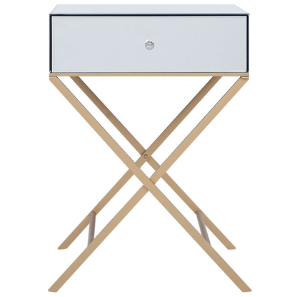 Side Table Silver Mirrored Top Gold Legs 50 x 40cm Drawer