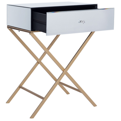 Side Table Silver Mirrored Top Gold Legs 50 x 40cm Drawer