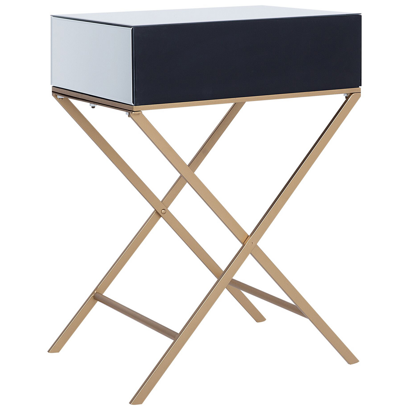 Side Table Silver Mirrored Top Gold Legs 50 x 40cm Drawer