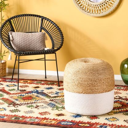 Pouf Ottoman White Jute Bead Filled Round 46cm Beaded Cushion For Living Room