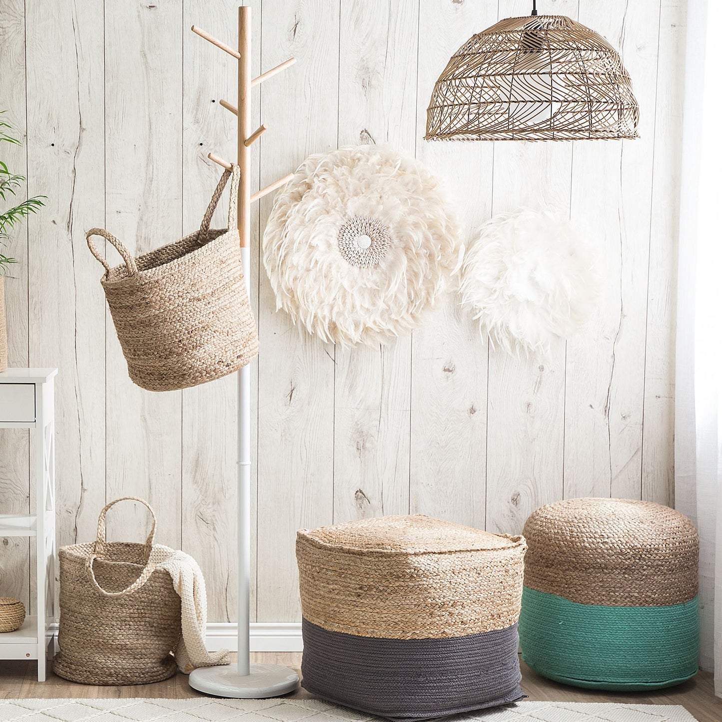 Coastline Home Pouf Ottoman Grey Jute EPS Beads 44 x 44cm Boho