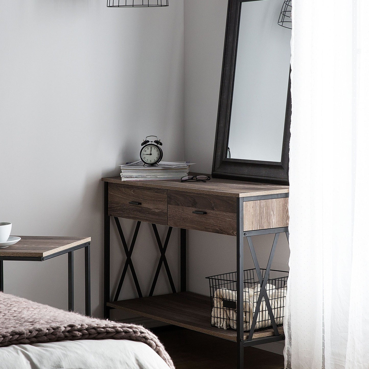 Side Table Taupe Wood Black Metal Frame 107 x 46cm 2 Drawer