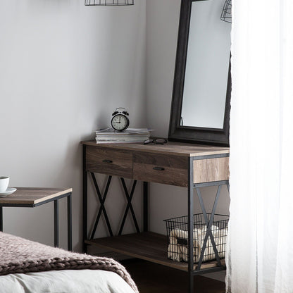 Side Table Taupe Wood Black Metal Frame 107 x 46cm 2 Drawer