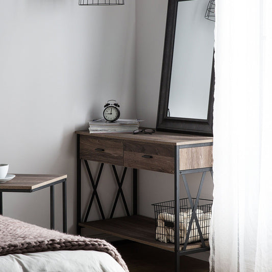 Side Table Taupe Wood Black Metal Frame 107 x 46cm 2 Drawer