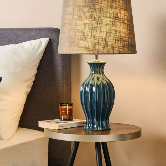 Green Ceramic Base Table Lamp with Grey Fabric Shade Modern