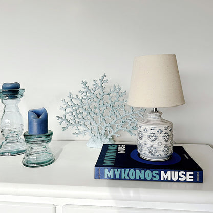 Beige and Blue Ceramic Base Table Lamp With Fabric Shade