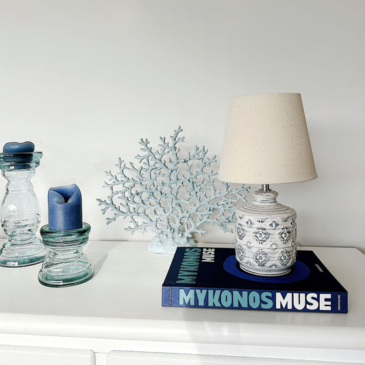Beige and Blue Ceramic Base Table Lamp With Fabric Shade