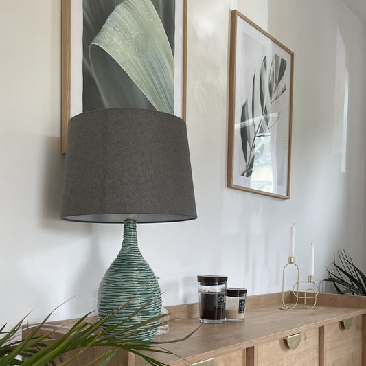 Bedside Table Lamp Light Green Ceramic Base With Ribbed Texture Flared Linen Shade