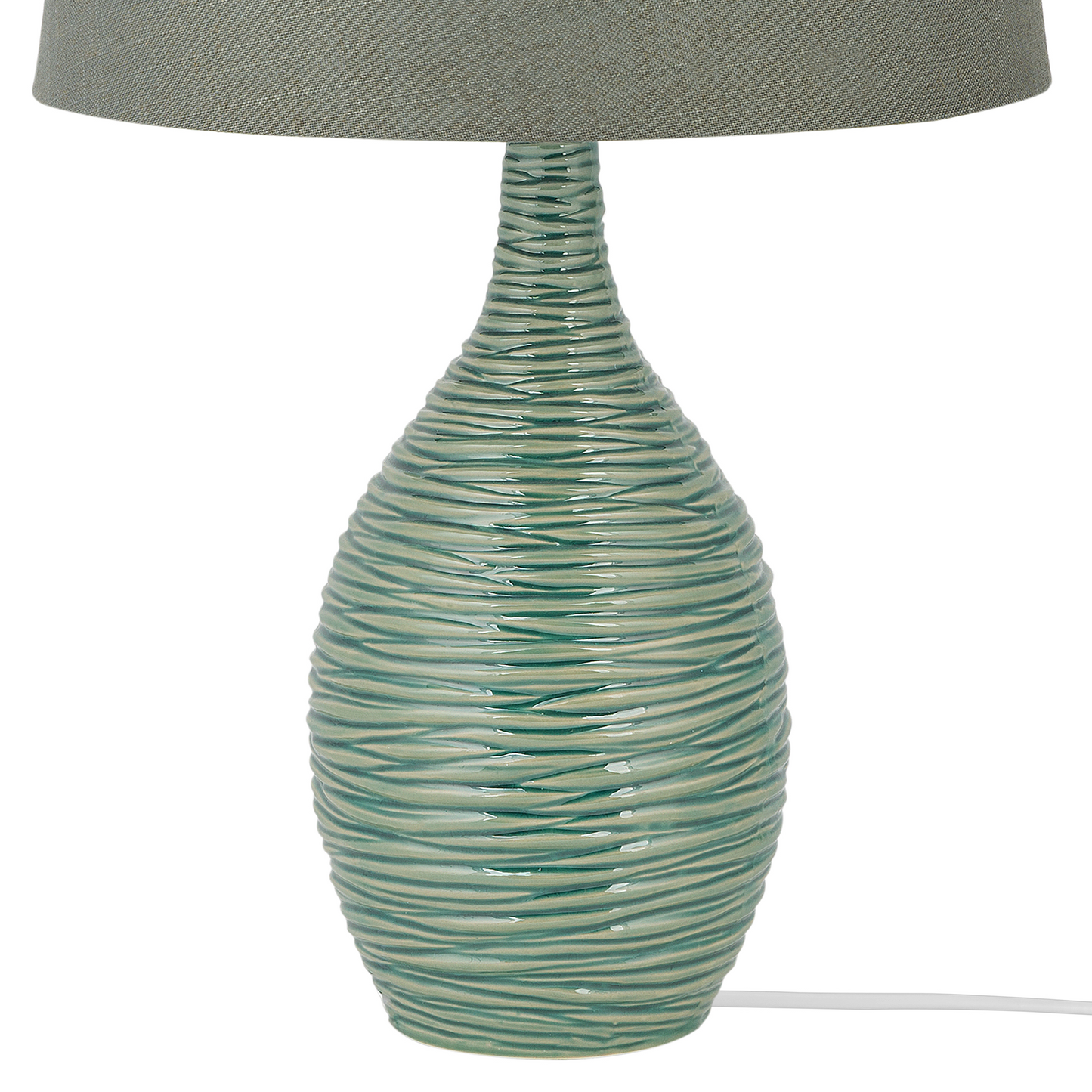 Bedside Table Lamp Light Green Ceramic Base With Ribbed Texture Flared Linen Shade