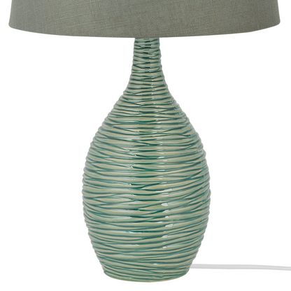 Bedside Table Lamp Light Green Ceramic Base With Ribbed Texture Flared Linen Shade