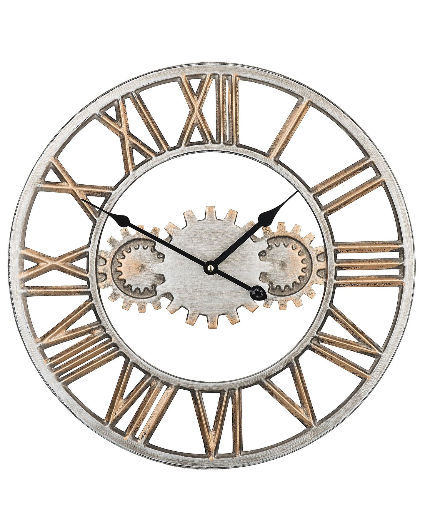 Industrial Wall Clock Silver Distressed Iron Frame Gears Roman Numerals 46cm