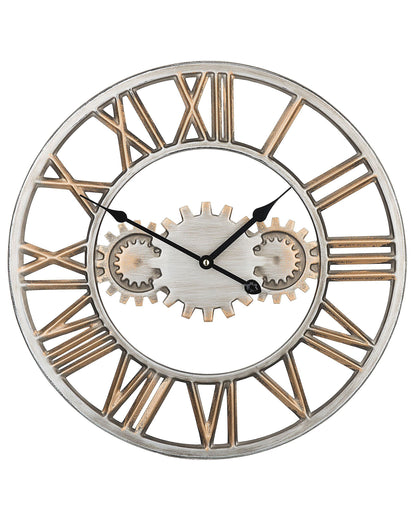 Industrial Wall Clock Silver Distressed Iron Frame Gears Roman Numerals 46cm
