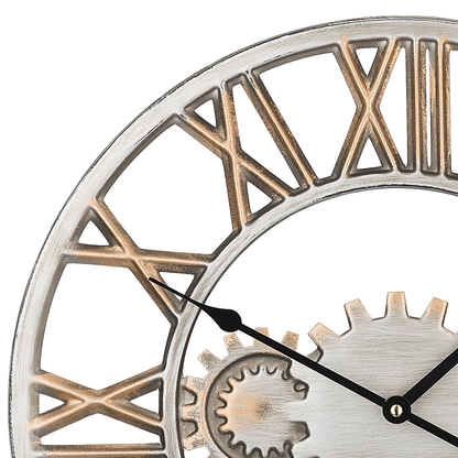 Industrial Wall Clock Silver Distressed Iron Frame Gears Roman Numerals 46cm