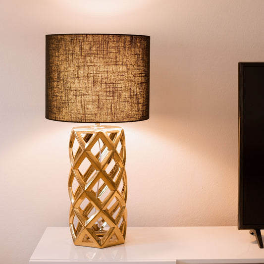 Table Lamp Golden Base Black Drum Shade Ceramic