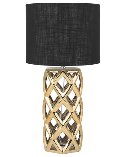 Table Lamp Golden Base Black Drum Shade Ceramic