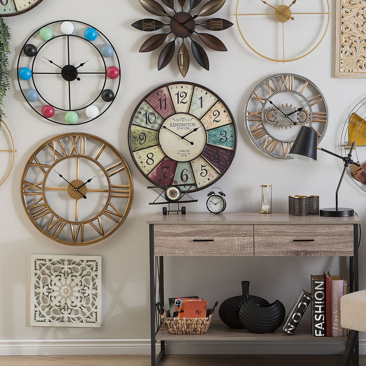 Elegant Living Brown Iron Flower Wall Clock 55cm Roman Numerals