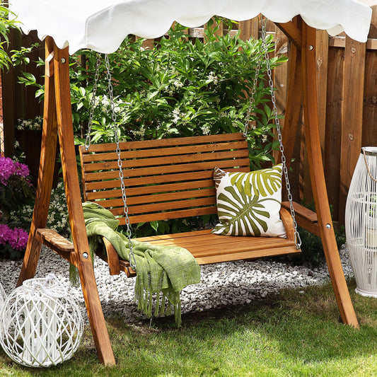 Garden Swing Seat 2 Seater Canopy Cream Fabric Freestanding All Weather Outdoor