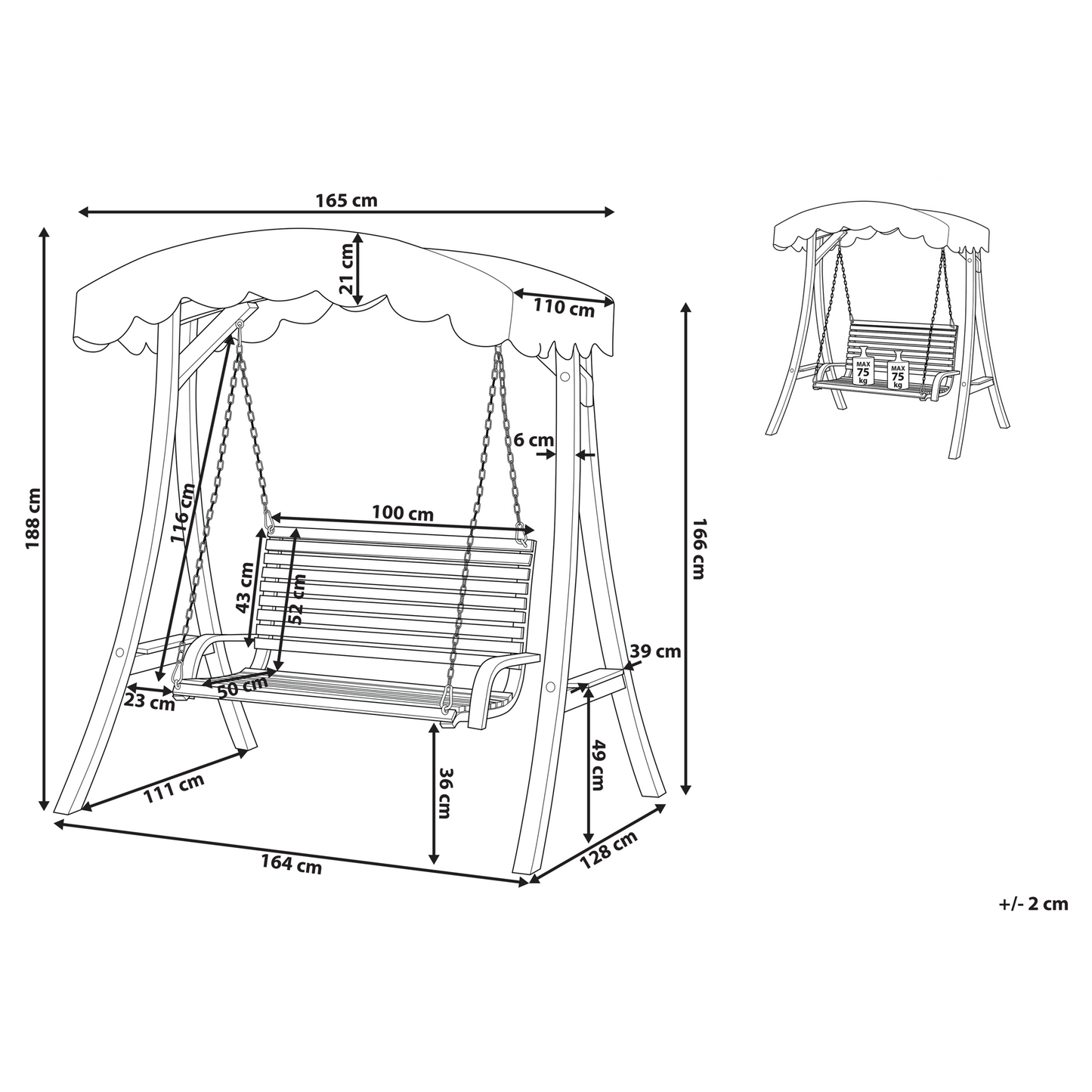 Garden Swing Seat 2 Seater Canopy Cream Fabric Freestanding All Weather Outdoor