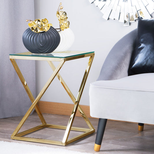Living Glam Geometric Side Table Gold Steel Frame Glass 40 x 40cm