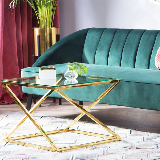 Home Gold Steel Frame Glass Coffee Table 60 x 60cm Square Top Geometric Glam Design