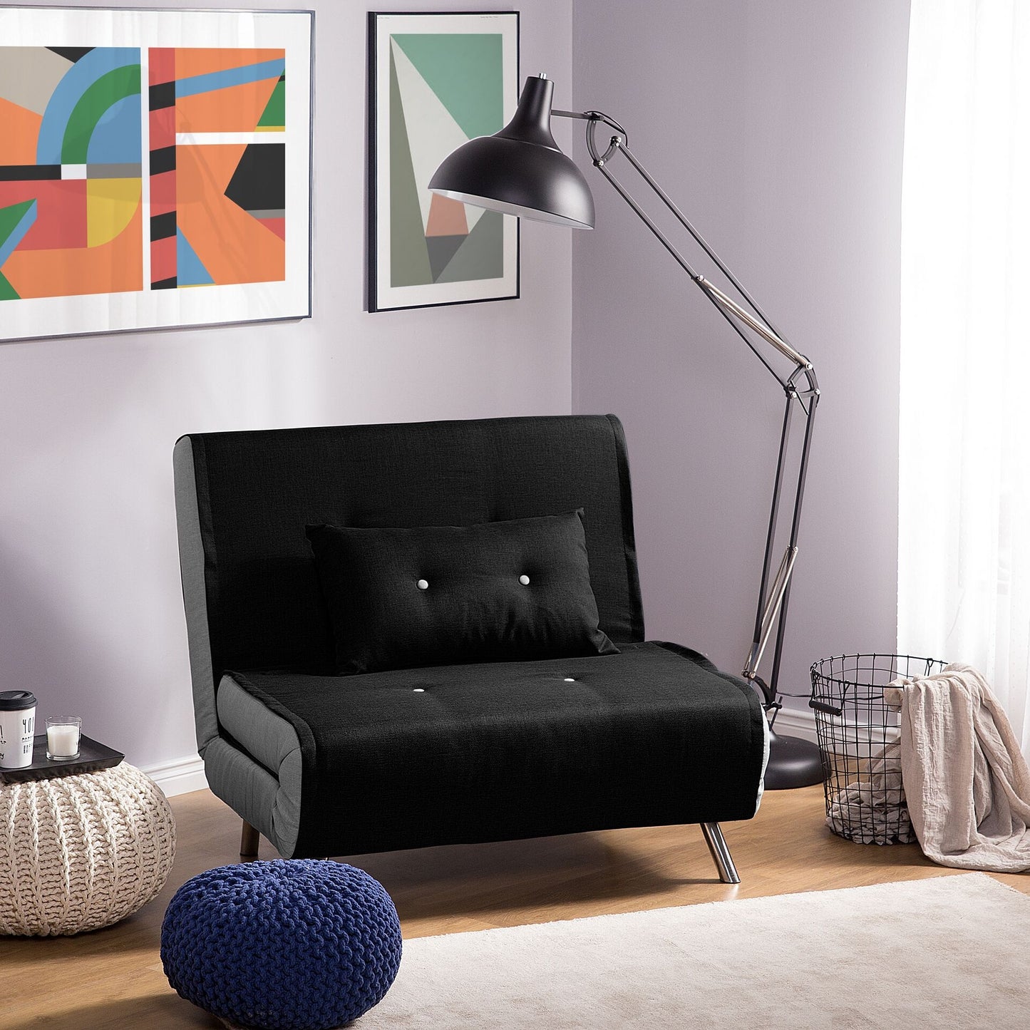Sofa Bed Black Fabric Upholstery Single Sleeper Fold Out