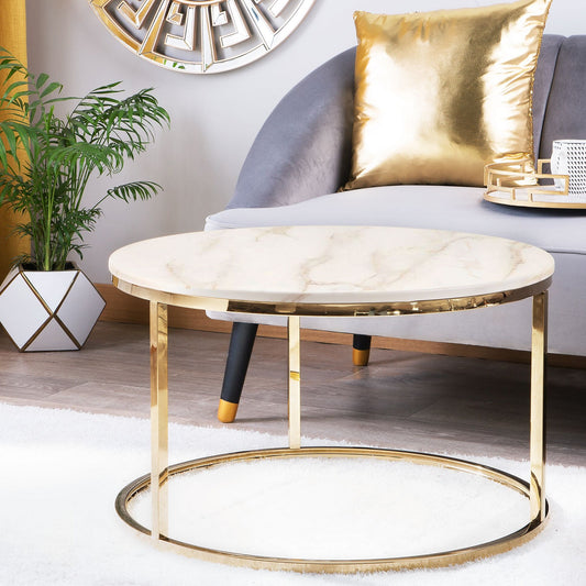 Beige Marble Effect Coffee Table Round 70cm With Gold Metal Base Modern Design