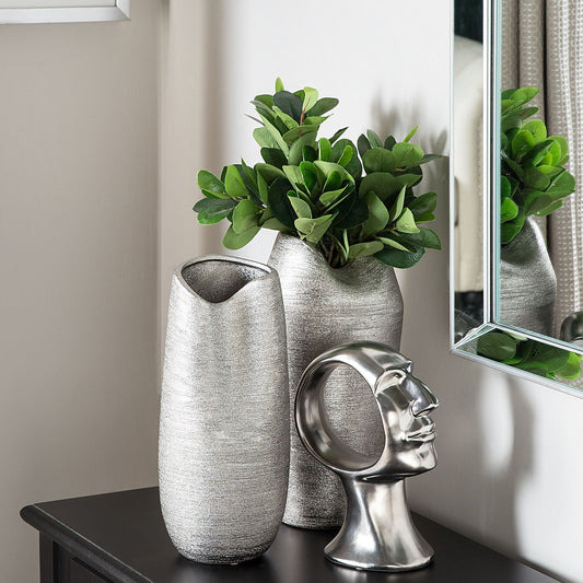 Silver Stoneware Decorative Table Vase 33cm Elegant Minimalist Home Accent For Bouquets