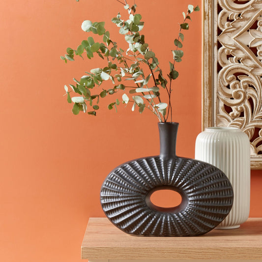 Decorative Table Vase Black Stoneware 24cm Oval For Modern Living Room Decor