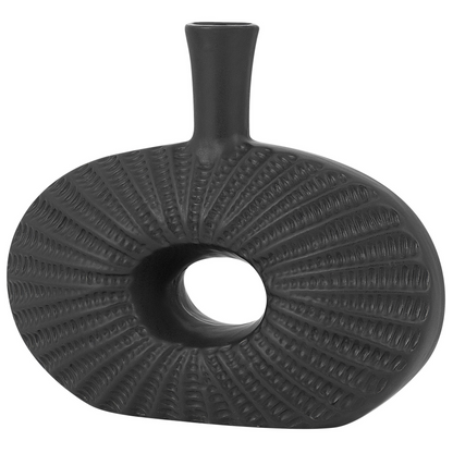 Decorative Table Vase Black Stoneware 24cm Oval For Modern Living Room Decor
