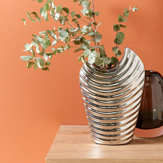 Decorative Flower Vase Silver Stoneware Ribbed Glamour