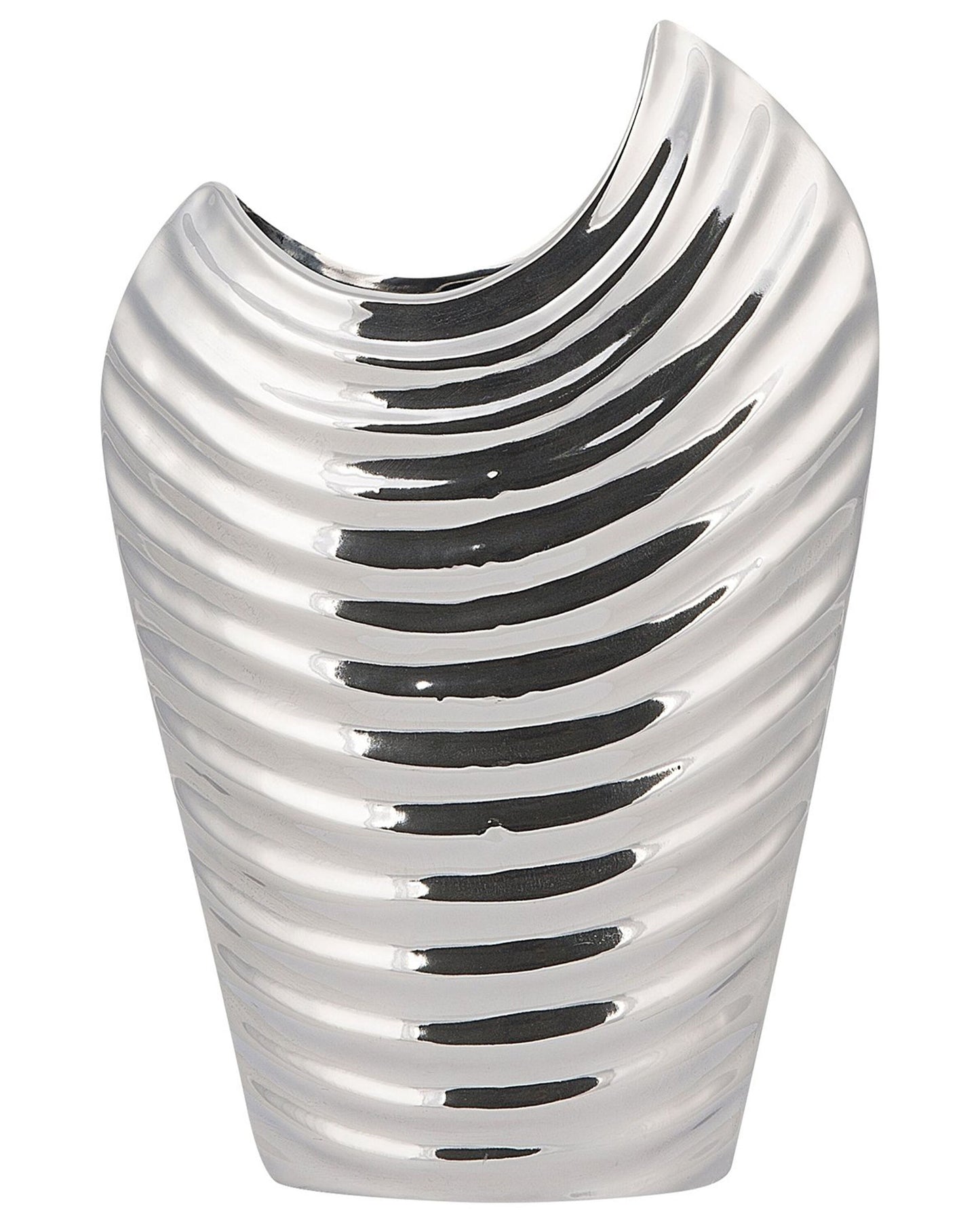 Decorative Flower Vase Silver Stoneware Ribbed Glamour