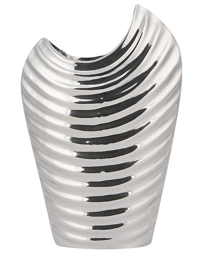 Decorative Flower Vase Silver Stoneware Ribbed Glamour