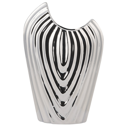 Decorative Flower Vase Silver Stoneware Ribbed Glamour