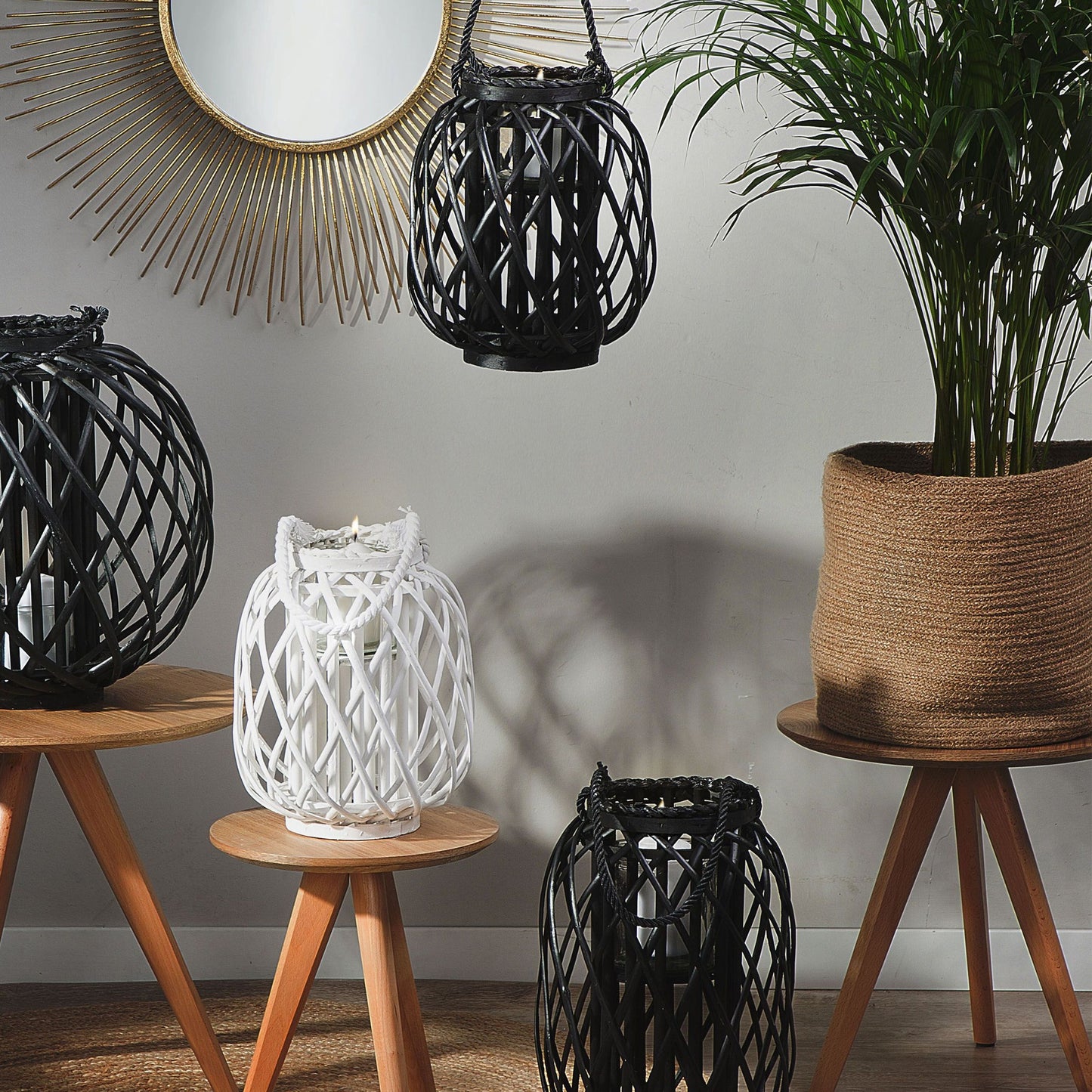 Nordic Boho Willow Lantern Black 40cm Indoor Outdoor Candle Holder