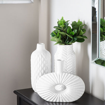 Glamstone Flower Vase White Stoneware Gloss Ribbed
