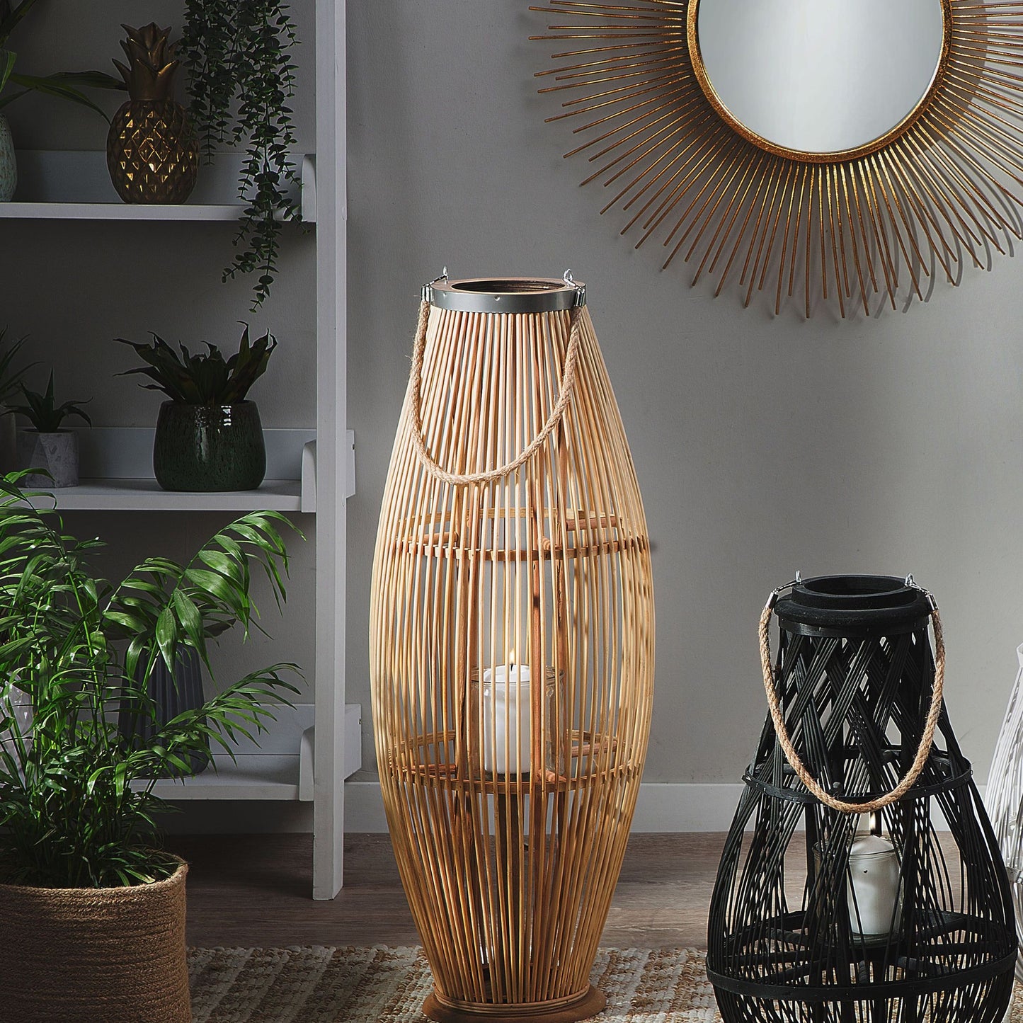 Lantern Light Bamboo Wood Glass 84cm Indoor Outdoor Candle Holder