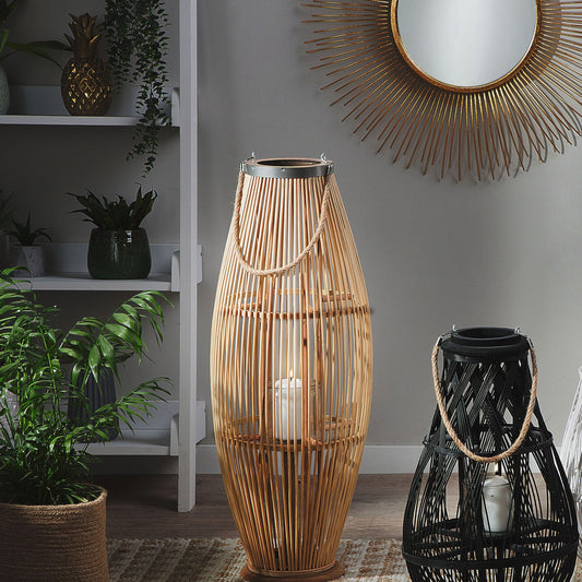 Lantern Light Bamboo Wood Glass 84cm Indoor Outdoor Candle Holder