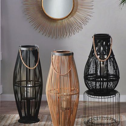 Lantern Light Bamboo Wood Glass 72cm Indoor Outdoor Candle Holder