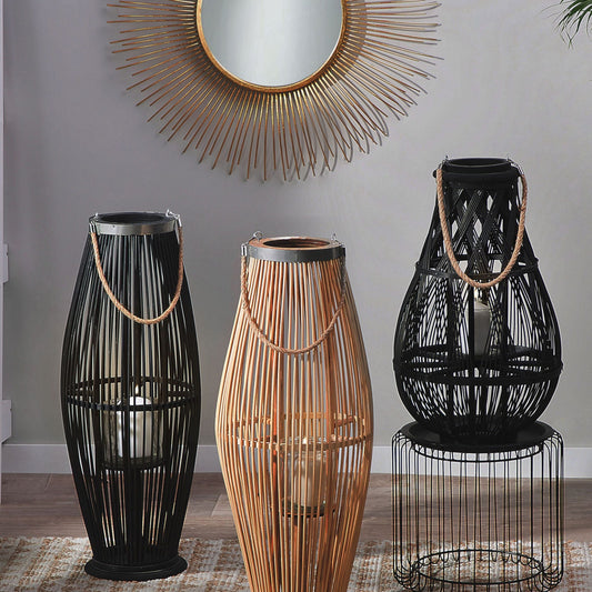 Lantern Light Bamboo Wood Glass 72cm Indoor Outdoor Candle Holder