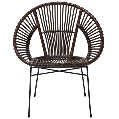 Acapulco Collection Rattan Armchair Brown Wicker Papasan With Black Metal Legs For Living Room