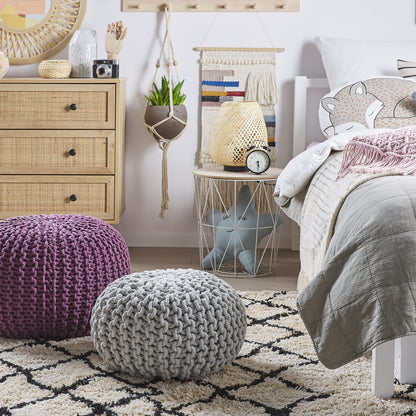 Cozy Nest Purple Knitted Pouf Ottoman Beads Filled 50 x 35cm