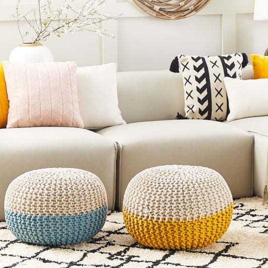 Pouf Ottoman Yellow Beige Knitted Footstool 50 x 35cm