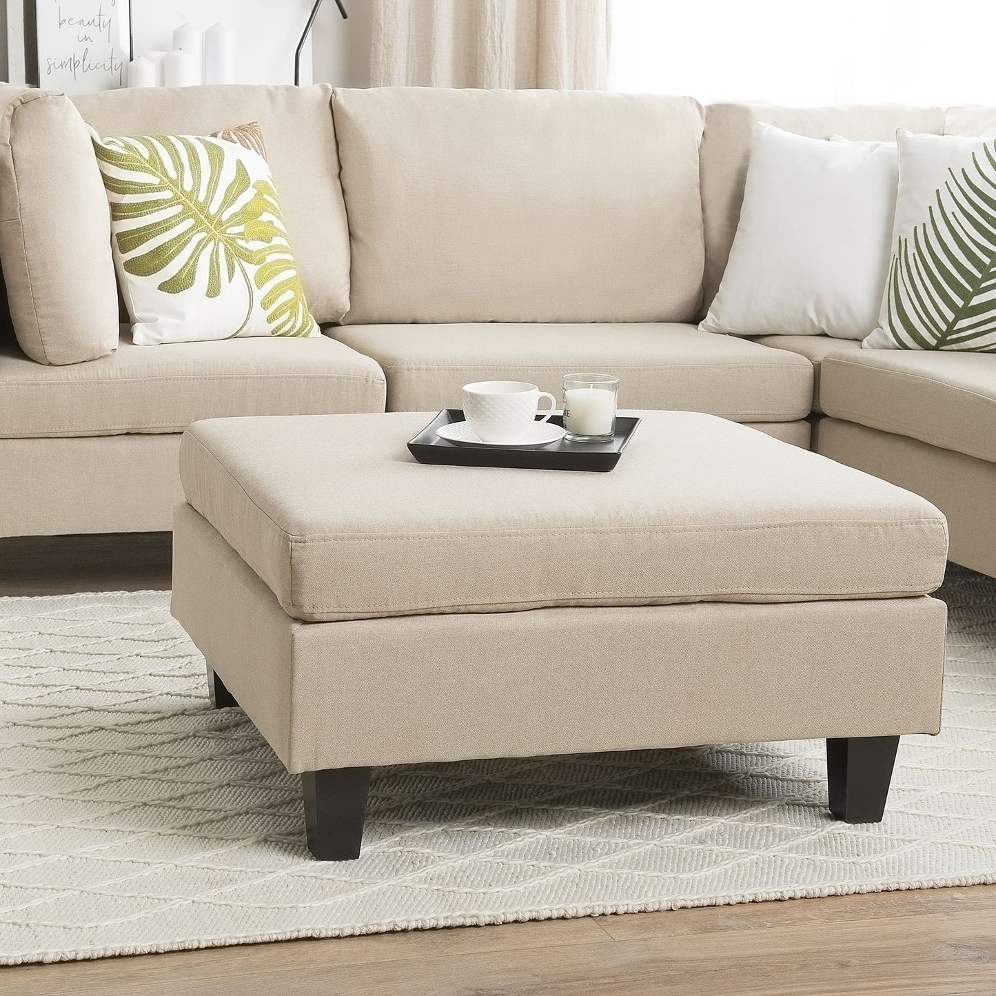 Beige Fabric Upholstered Square Ottoman Footstool Minimalist Modern With Durable Polyester Upholstery