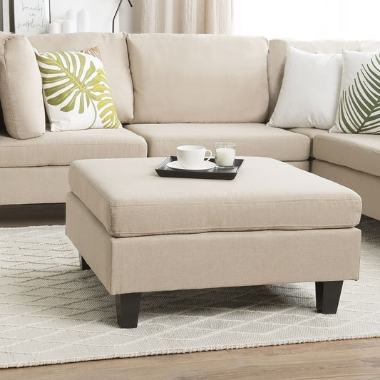 Beige Fabric Upholstered Square Ottoman Footstool Minimalist Modern With Durable Polyester Upholstery