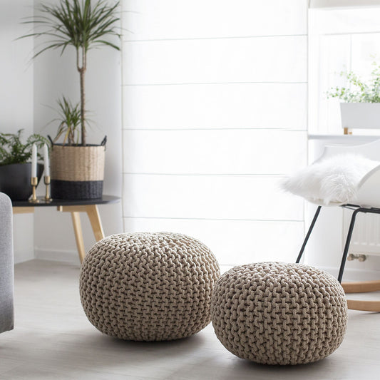 Beige Round Knit Pouf Ottoman 50 x 35cm With EPS Beads
